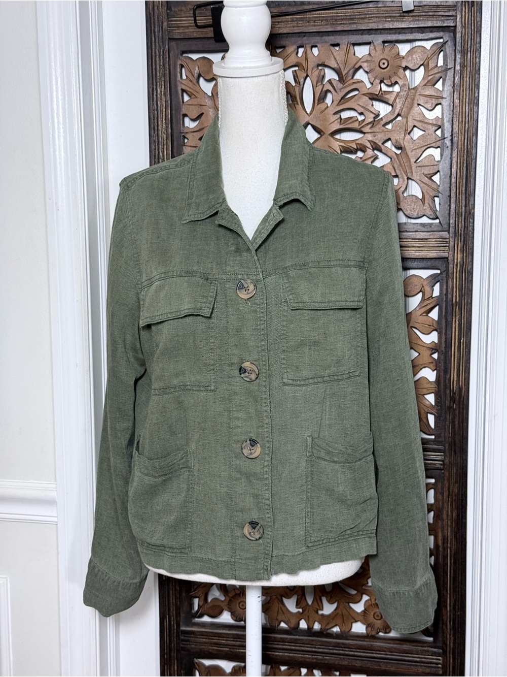 Nicole Miller Linen Lyocell Button Front Jacket Olive Green 4 Pocket XL